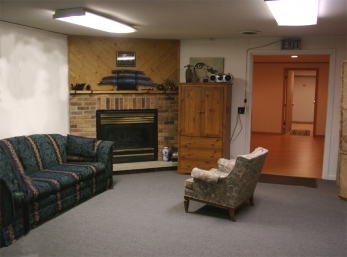 Lounge with gas fireplace for meetings and hanging out